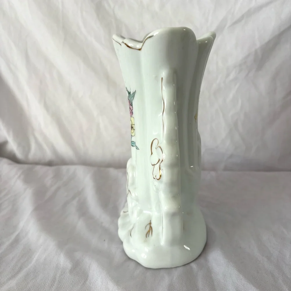 Vintage 60s white ceramic baroque vase gilt floral hand painted glam decor - Picture 4 of 4
